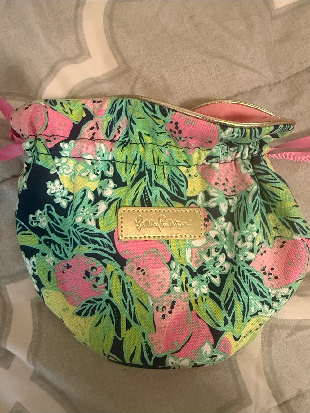 Lilly Pulitzer Pink & Green Floral Drawstring Cosmetic Pouch with Gold Plaque